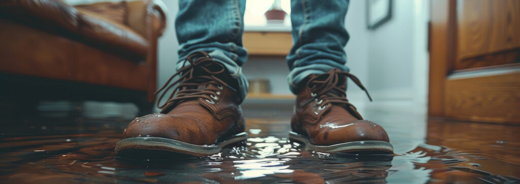 A pair of brown leather boots stand on a flooded floor inside a home, the water reflecting the light from the window.